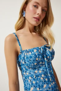 Happiness İstanbul Women's Light Blue Black Floral Slit Summer Knitted Dress CI00029 - Image 4