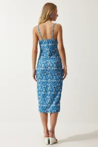 Happiness İstanbul Women's Light Blue Black Floral Slit Summer Knitted Dress CI00029 - Image 6
