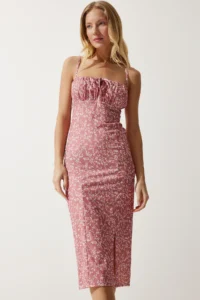 Happiness İstanbul Women's White Dusty Rose Floral Slit Summer Knitted Dress CI00029
