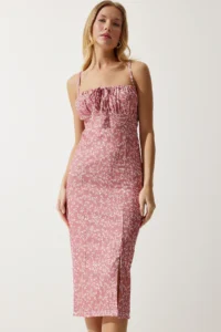 Happiness İstanbul Women's White Dusty Rose Floral Slit Summer Knitted Dress CI00029 - Image 2