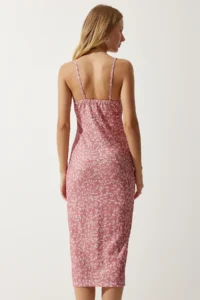 Happiness İstanbul Women's White Dusty Rose Floral Slit Summer Knitted Dress CI00029 - Image 5