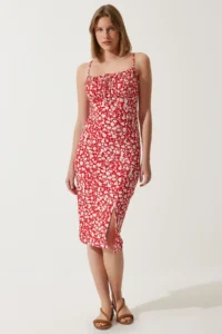 Happiness İstanbul Women's Red Floral Slit Summer Knitted Dress CI00029 - Image 2