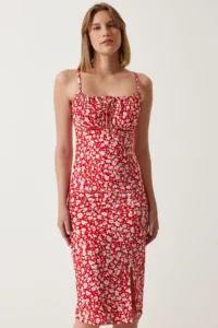 Happiness İstanbul Women's Red Floral Slit Summer Knitted Dress CI00029 - Image 3