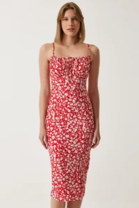 Happiness İstanbul Women's Red Floral Slit Summer Knitted Dress CI00029 - Image 4