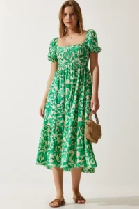 Happiness İstanbul Women's Green Floral Patterned Summer Viscose Dress - Image 2