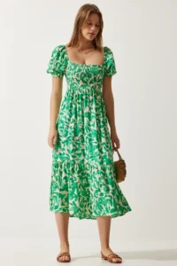 Happiness İstanbul Women's Green Floral Patterned Summer Viscose Dress - Image 3