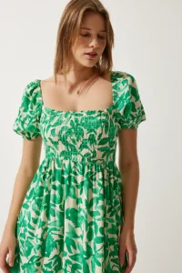 Happiness İstanbul Women's Green Floral Patterned Summer Viscose Dress - Image 4