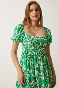 Happiness İstanbul Women's Green Floral Patterned Summer Viscose Dress - Image 5