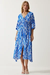 Happiness İstanbul Women's Blue White Deep V-Neck Summer Long Viscose Dress - Image 2