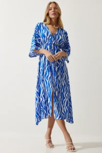 Happiness İstanbul Women's Blue White Deep V-Neck Summer Long Viscose Dress - Image 3