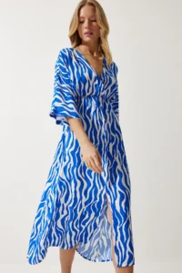 Happiness İstanbul Women's Blue White Deep V-Neck Summer Long Viscose Dress - Image 4