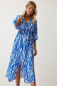 Happiness İstanbul Women's Blue White Deep V-Neck Summer Long Viscose Dress - Image 5