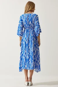 Happiness İstanbul Women's Blue White Deep V-Neck Summer Long Viscose Dress - Image 7
