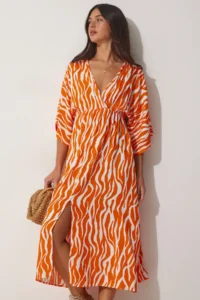 Happiness İstanbul Women's Orange Deep V-Neck Summer Long Viscose Dress - Image 2
