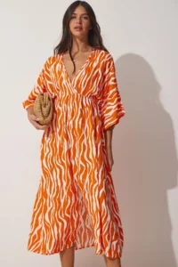 Happiness İstanbul Women's Orange Deep V-Neck Summer Long Viscose Dress - Image 3