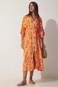 Happiness İstanbul Women's Orange Deep V-Neck Summer Long Viscose Dress - Image 4