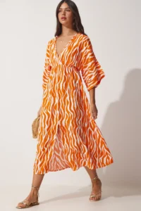 Happiness İstanbul Women's Orange Deep V-Neck Summer Long Viscose Dress - Image 5