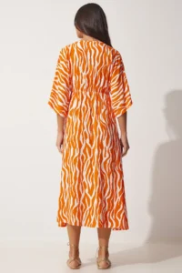 Happiness İstanbul Women's Orange Deep V-Neck Summer Long Viscose Dress - Image 6