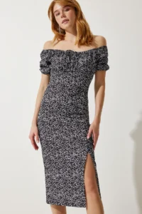 Happiness İstanbul Women Black Patterned Shirred Knitting Dress