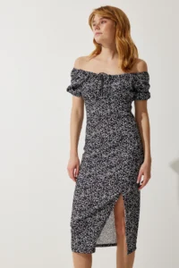 Happiness İstanbul Women Black Patterned Shirred Knitting Dress - Image 2