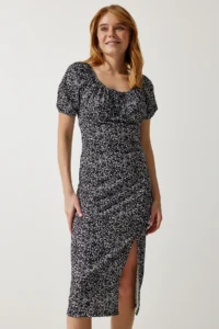 Happiness İstanbul Women Black Patterned Shirred Knitting Dress - Image 3