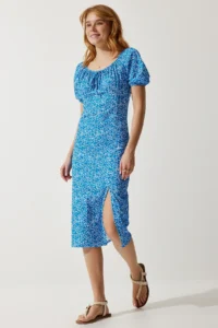 Happiness İstanbul Women Blue Patterned Shirred Knitting Dress