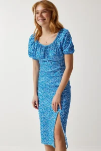 Happiness İstanbul Women Blue Patterned Shirred Knitting Dress - Image 2