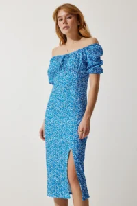 Happiness İstanbul Women Blue Patterned Shirred Knitting Dress - Image 3