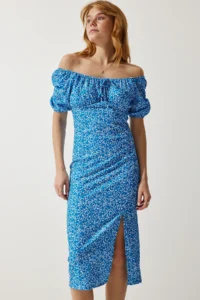 Happiness İstanbul Women Blue Patterned Shirred Knitting Dress - Image 4