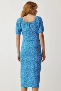 Happiness İstanbul Women Blue Patterned Shirred Knitting Dress - Image 6
