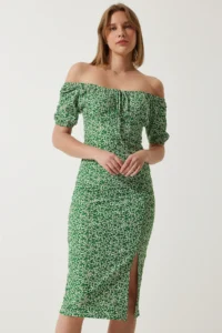 Happiness İstanbul Women Green Patterned Shirred Knitting Dress