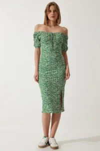 Happiness İstanbul Women Green Patterned Shirred Knitting Dress - Image 2
