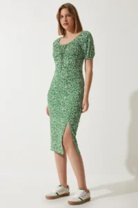 Happiness İstanbul Women Green Patterned Shirred Knitting Dress - Image 3