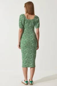Happiness İstanbul Women Green Patterned Shirred Knitting Dress - Image 5