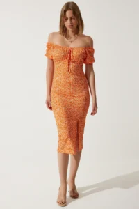 Happiness İstanbul Women Oranj Patterned Shirred Knitting Dress