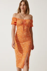 Happiness İstanbul Women Oranj Patterned Shirred Knitting Dress - Image 2