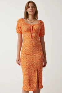 Happiness İstanbul Women Oranj Patterned Shirred Knitting Dress - Image 3