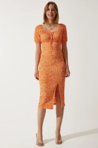 Happiness İstanbul Women Oranj Patterned Shirred Knitting Dress - Image 4