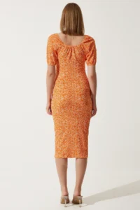 Happiness İstanbul Women Oranj Patterned Shirred Knitting Dress - Image 6