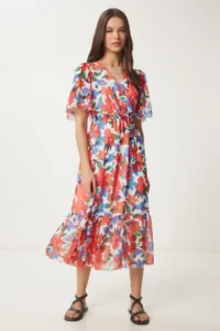 Happiness İstanbul Women's Orange Blue Floral Patterned Flounce Summer Chiffon Dress