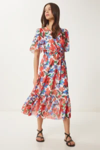 Happiness İstanbul Women's Orange Blue Floral Patterned Flounce Summer Chiffon Dress - Image 2