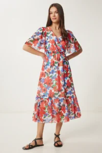 Happiness İstanbul Women's Orange Blue Floral Patterned Flounce Summer Chiffon Dress - Image 3