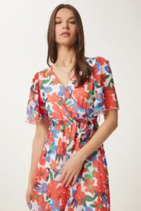 Happiness İstanbul Women's Orange Blue Floral Patterned Flounce Summer Chiffon Dress - Image 4