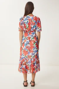 Happiness İstanbul Women's Orange Blue Floral Patterned Flounce Summer Chiffon Dress - Image 5