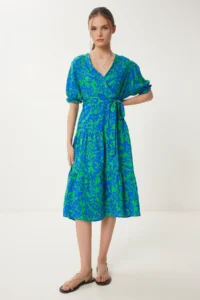 Happiness İstanbul Women's Blue Green Patterned Flounce Summer Dress