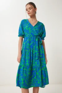 Happiness İstanbul Women's Blue Green Patterned Flounce Summer Dress - Image 3
