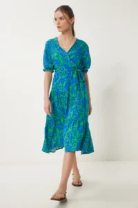 Happiness İstanbul Women's Blue Green Patterned Flounce Summer Dress - Image 4