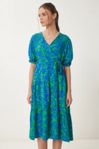 Happiness İstanbul Women's Blue Green Patterned Flounce Summer Dress - Image 5