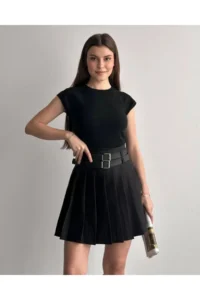 Cool & Sexy Women Double Arched Pleated Skirt with Shorts Black