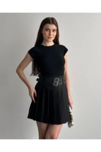 Cool & Sexy Women Double Arched Pleated Skirt with Shorts Black - Image 2